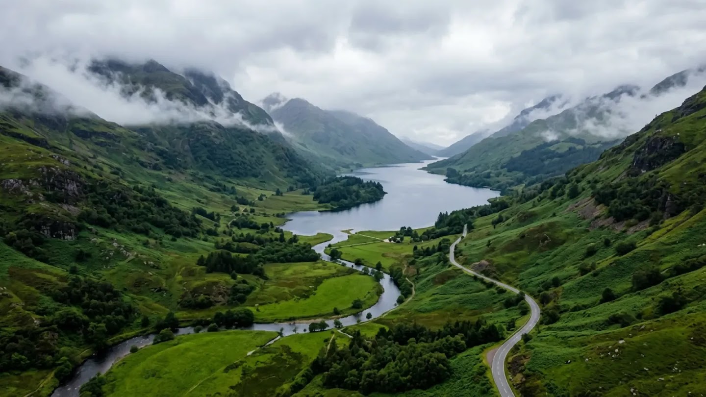 A breathtaking aerial view of a winding river flowing through a lush green valley toward a large lake. Steep, mist-covered mountains rise on either side under a moody, overcast sky, with a single paved road snaking along the hillside.