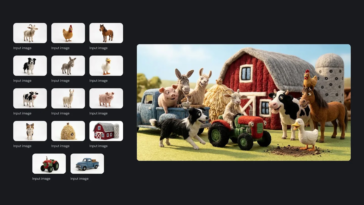 A collage showing individual felt-textured farm characters on the left, with a main image on the right showing the animals and vehicles gathered closely together in front of a barn for a group photo.