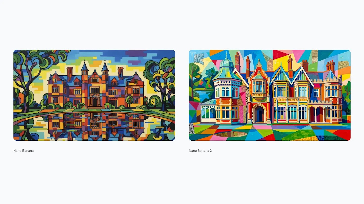 The final image consists of two side-by-side vibrant, abstract illustrations of grand manor houses. The left image, labeled "Nano Banana," depicts a symmetrical building with multiple chimneys reflected in a foreground pond, rendered in a colorful, stained-glass mosaic style with thick black outlines. The right image, labeled "Nano Banana 2," shows a detailed estate with a prominent bay window and teal-domed turret, presented in a high-contrast cubist style featuring sharp geometric shapes and bold, multi-colored patterns.