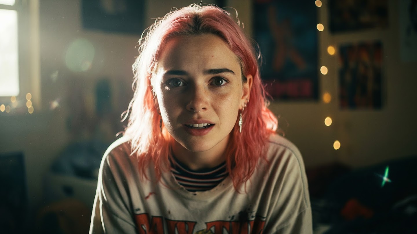 AI-generated image of: High-resolution portrait of a young woman with tousled pink hair, backlit to showcase realistic individual strands, with visible skin texture and facial piercings, set against a soft, blurred background of a room with string lights.