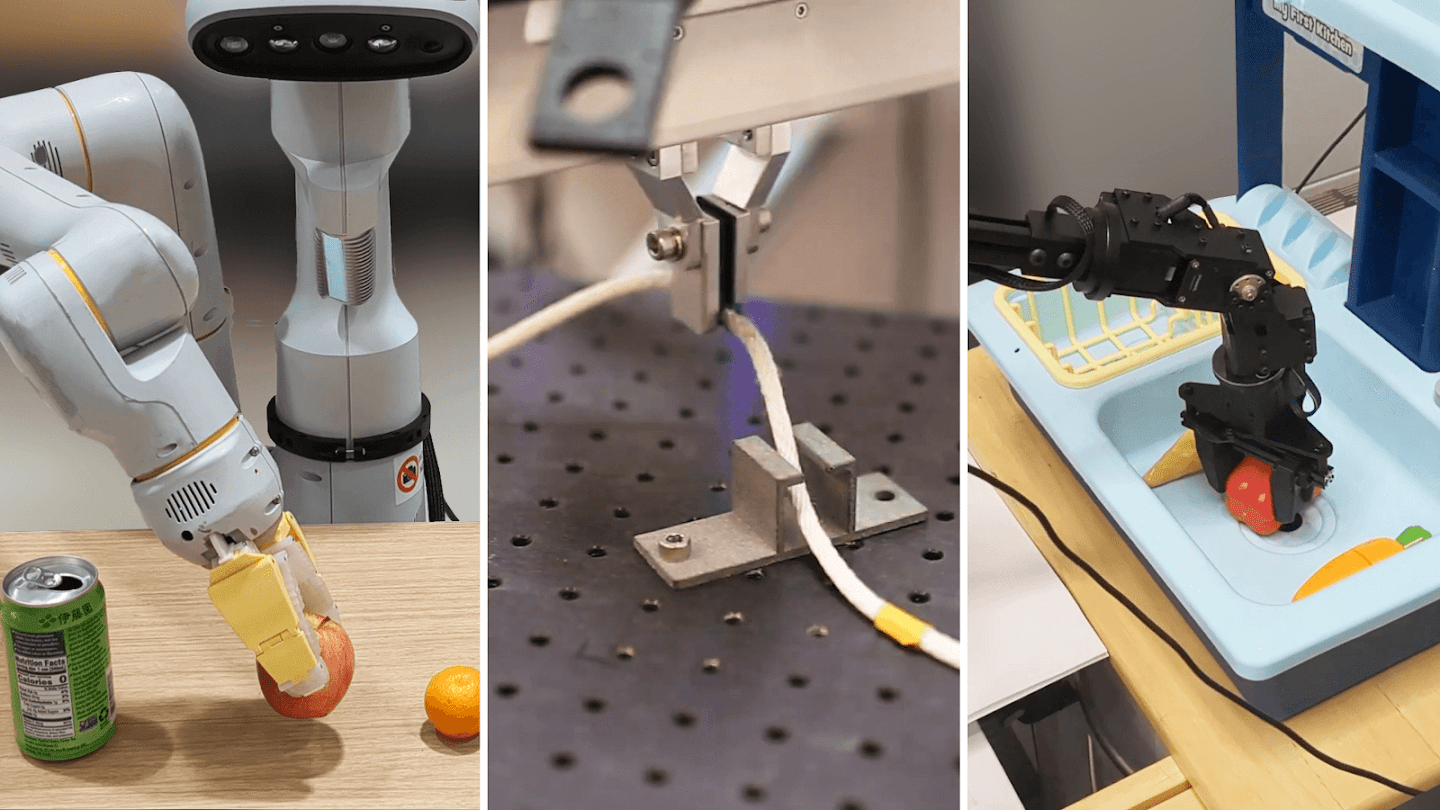 Robotic arms performing various tasks including those demonstrating its ability to identify objects, and its understanding of spatial awareness.