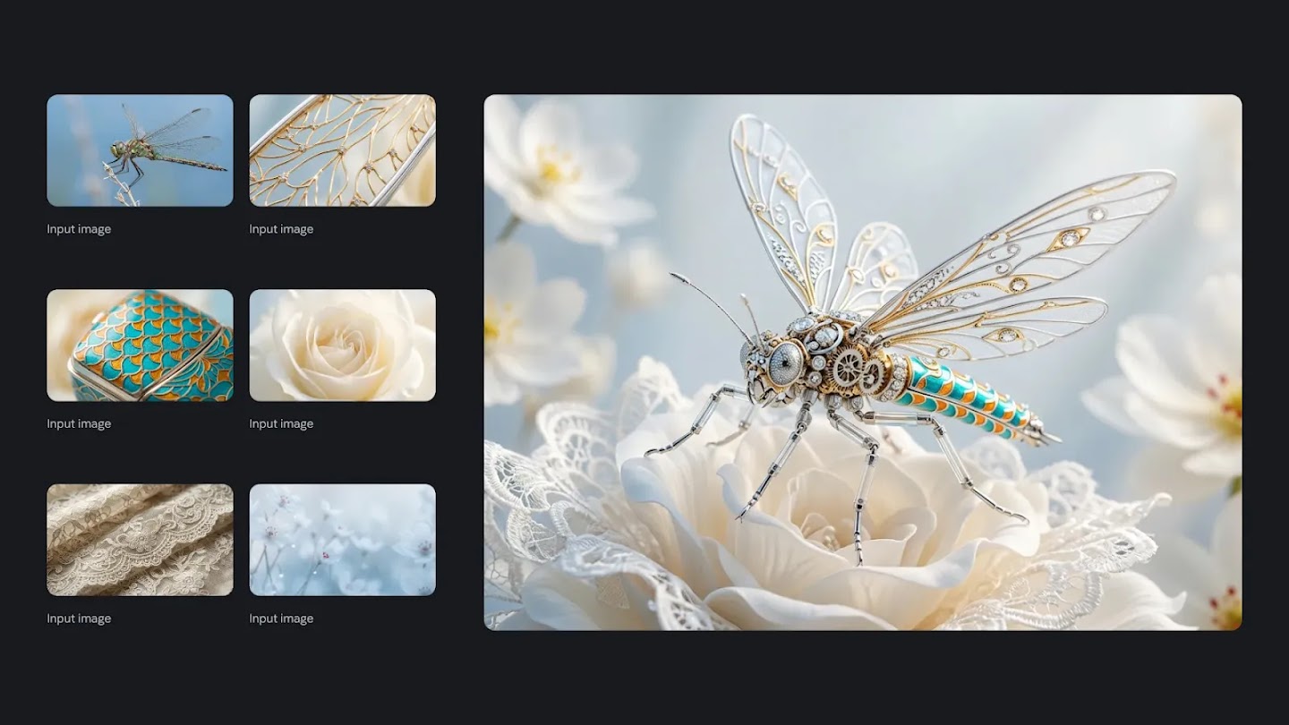 A collage showing six small "Input images" on the left and one large generated image on the right. The input images include a real dragonfly, gold filigree, teal enamel patterns, a white rose, lace fabric, and soft blue flowers. The large generated image combines these elements into a highly detailed, mechanical dragonfly made of silver, gold, and teal enamel, perched on a delicate white lace-edged rose.