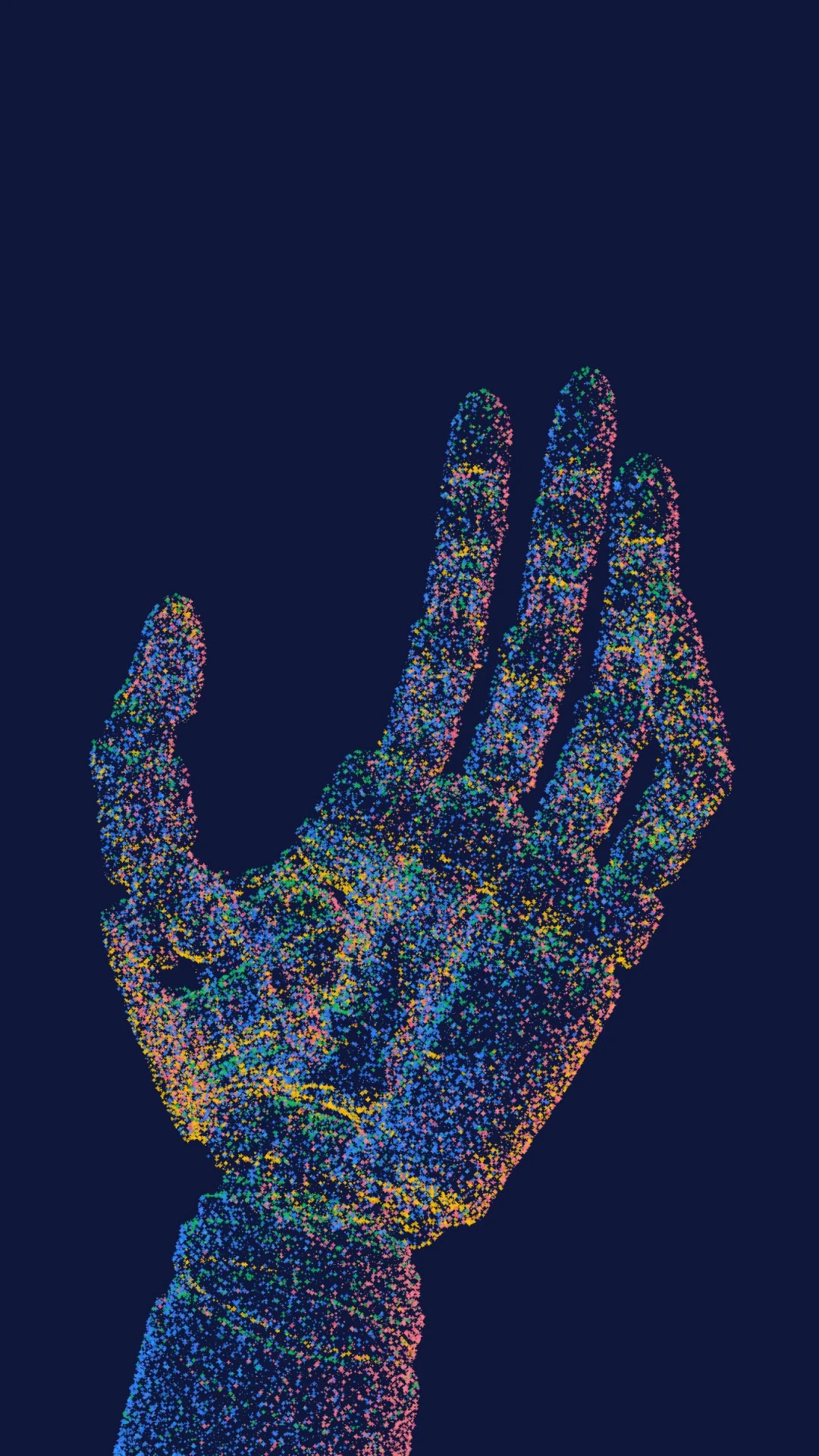 An abstract hand formed by multicolored digital particles on a dark navy background, representing the robotic dexterity of Gemini Robotics 2.
