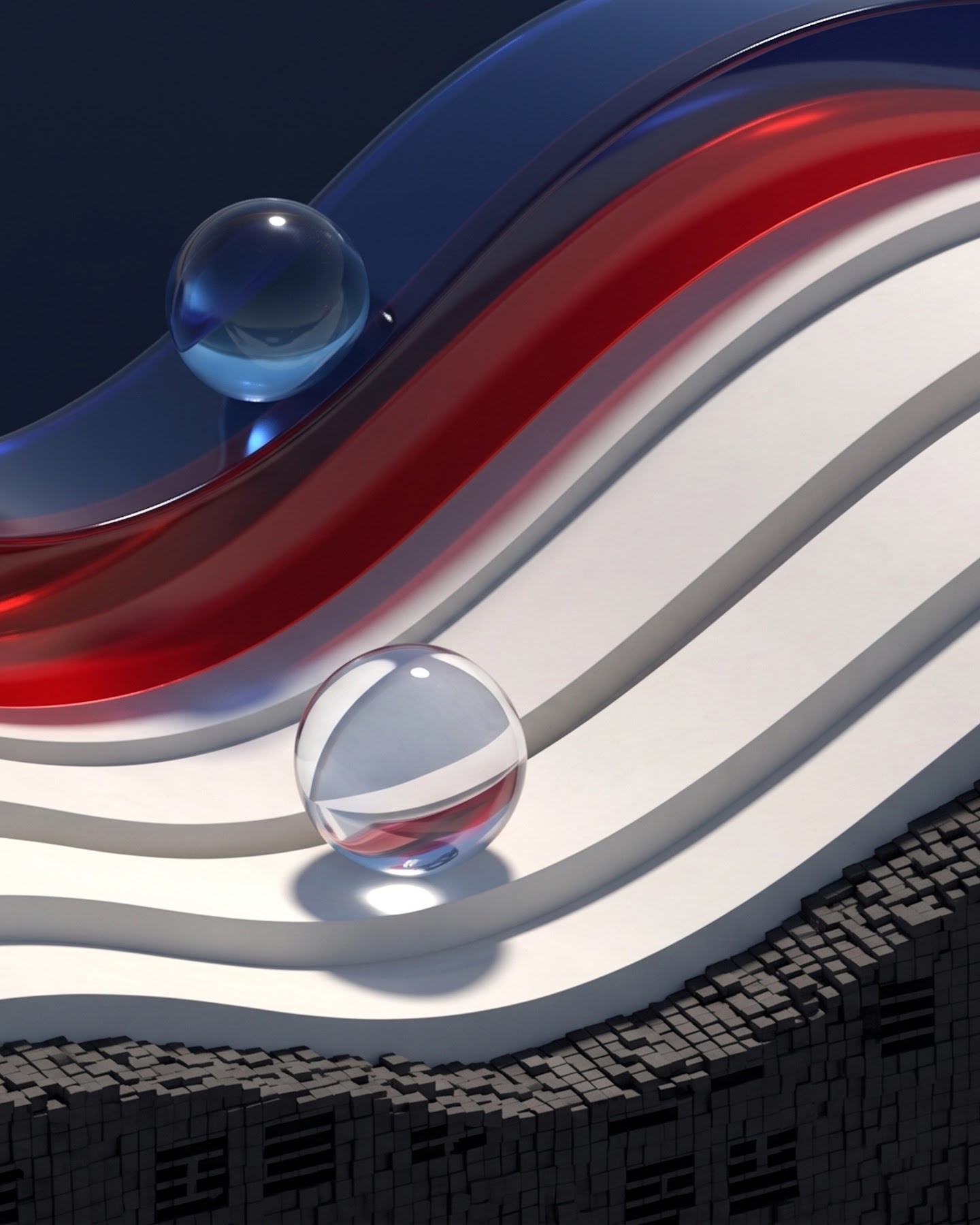 An abstract 3D digital illustration featuring sleek, flowing waves and translucent spheres in a palette of red, white, blue, and black, evocative of South Korean national motifs. The composition consists of vibrant glass-like ribbons and tiered white paths curving diagonally over a dark, textured base composed of millions of tiny black cubes. Three glass spheres—one blue, one clear, and one red—rest within the undulating grooves, while the matte black foundation is intricately patterned with traditional trigram symbols. The lighting is cinematic, casting soft shadows and realistic reflections across the smooth, architectural surfaces to create a sense of fluid motion and modern design.