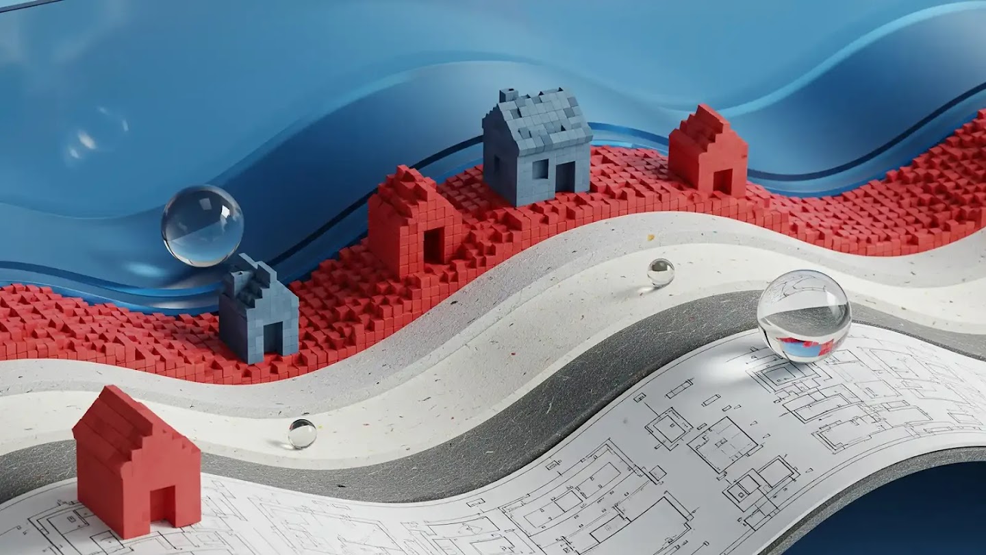 Conceptual 3D illustration representing housing development, featuring miniature red and blue block houses arranged along wavy paths that rise from architectural blueprints.