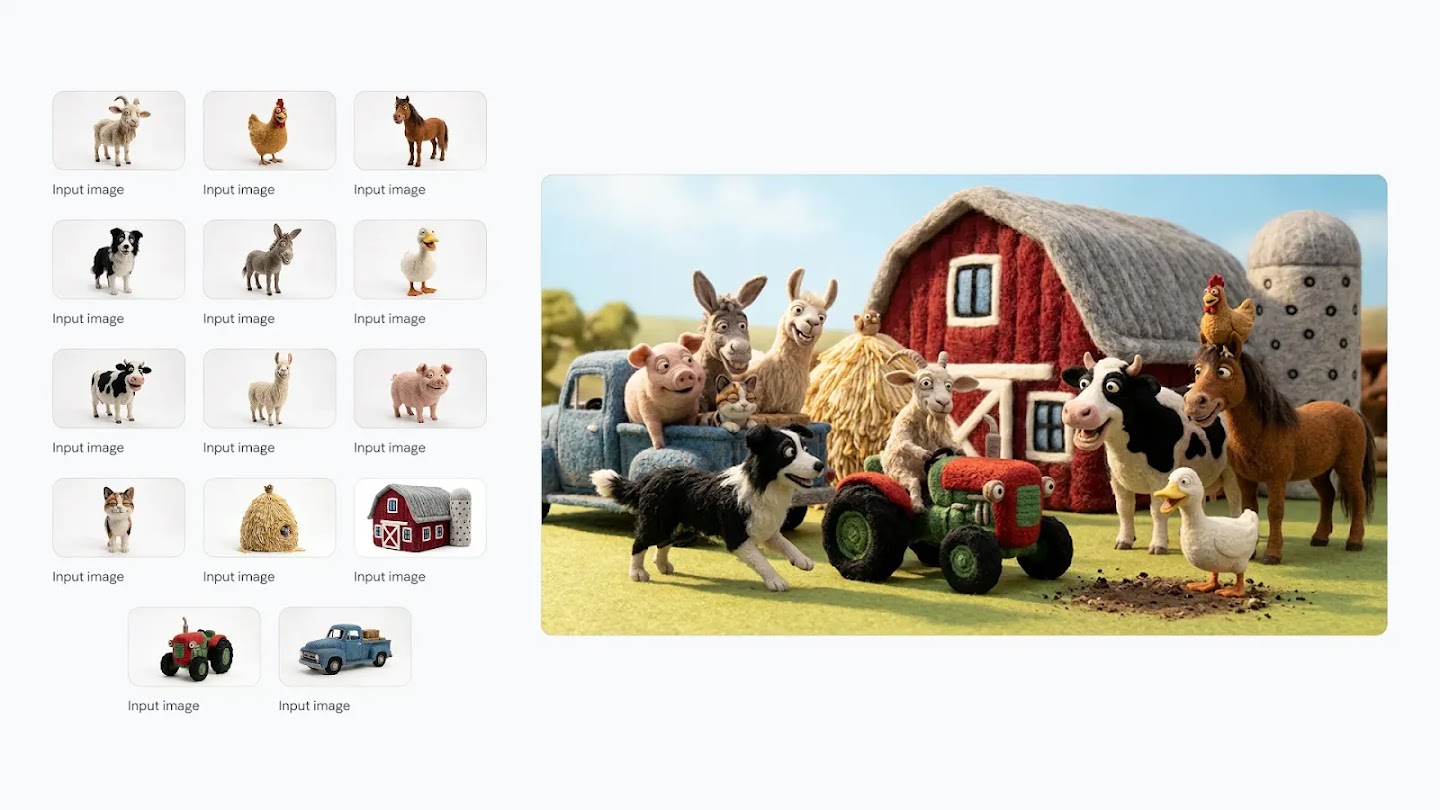 A collage showing individual felt-textured farm characters on the left, with a main image on the right showing the animals and vehicles gathered closely together in front of a barn for a group photo.