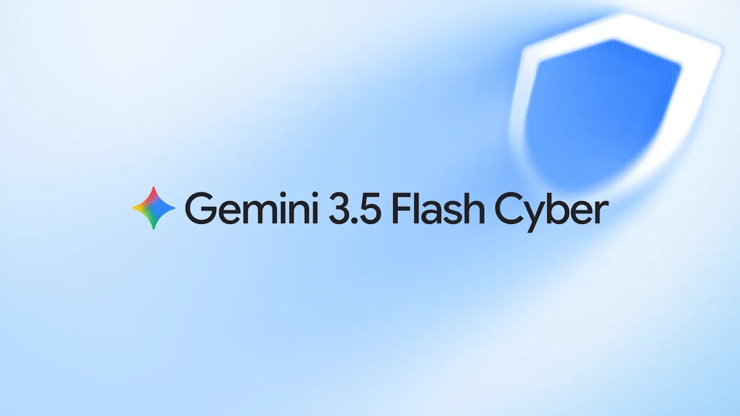 Graphic featuring the text "Gemini 3.5 Flash Cyber" alongside a colorful star logo and a blurred blue shield on a light blue background.