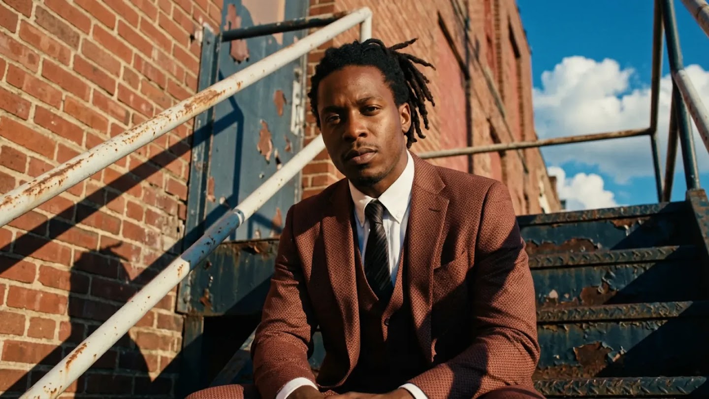 A man with dreadlocks sits on a set of weathered industrial metal stairs in front of a brick building. He wears a sharp, textured reddish-brown three-piece suit with a white shirt and dark tie, looking directly at the camera in the warm afternoon sunlight.