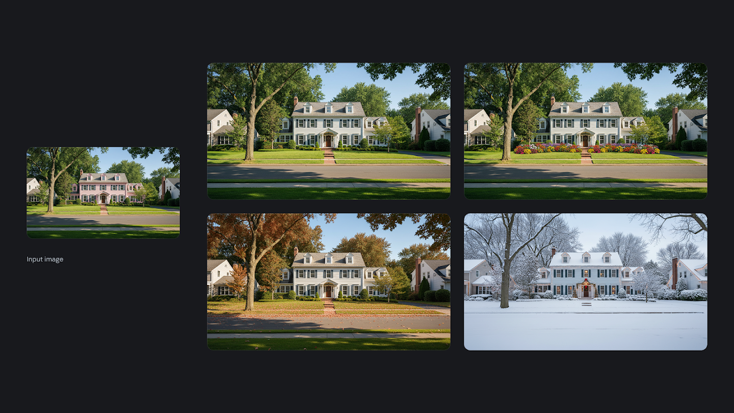AI-generated image of: a grid demonstrating progressive image edits. On the left is an input image of a pink house in a suburban setting. The 2x2 grid on the right shows four stages of editing: first, the house is painted white; second, flower beds with vibrant blooms are added; third, the trees and landscape are changed to an autumn setting; and fourth, the scene is transformed into a winter setting with snow covering the ground and trees, and the house decorated for the holidays.