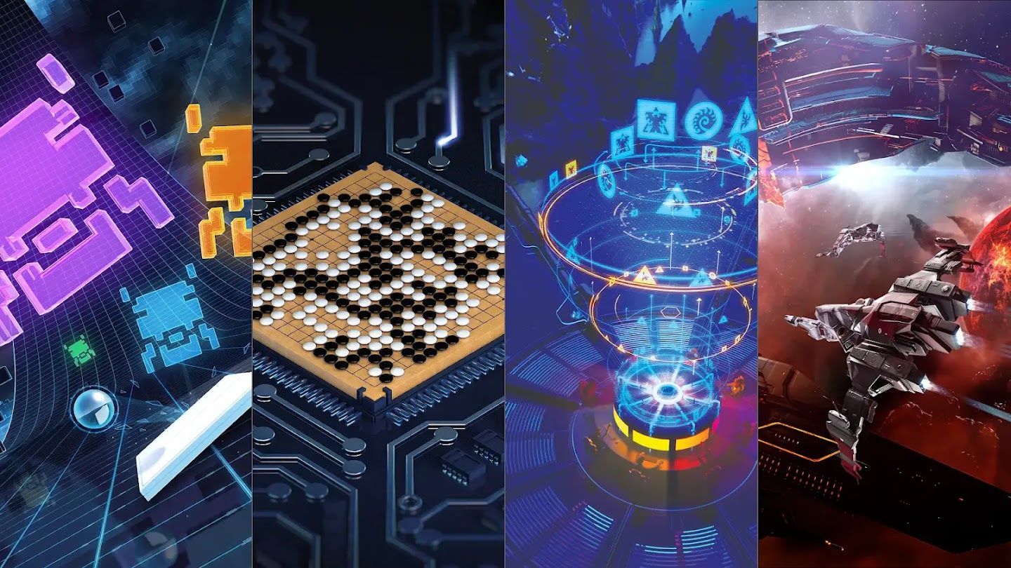 A four-panel digital banner illustrating the evolution of AI in gaming, featuring retro arcade graphics, a Go board on a circuit chip, a glowing strategy game interface, and spaceships in deep space.