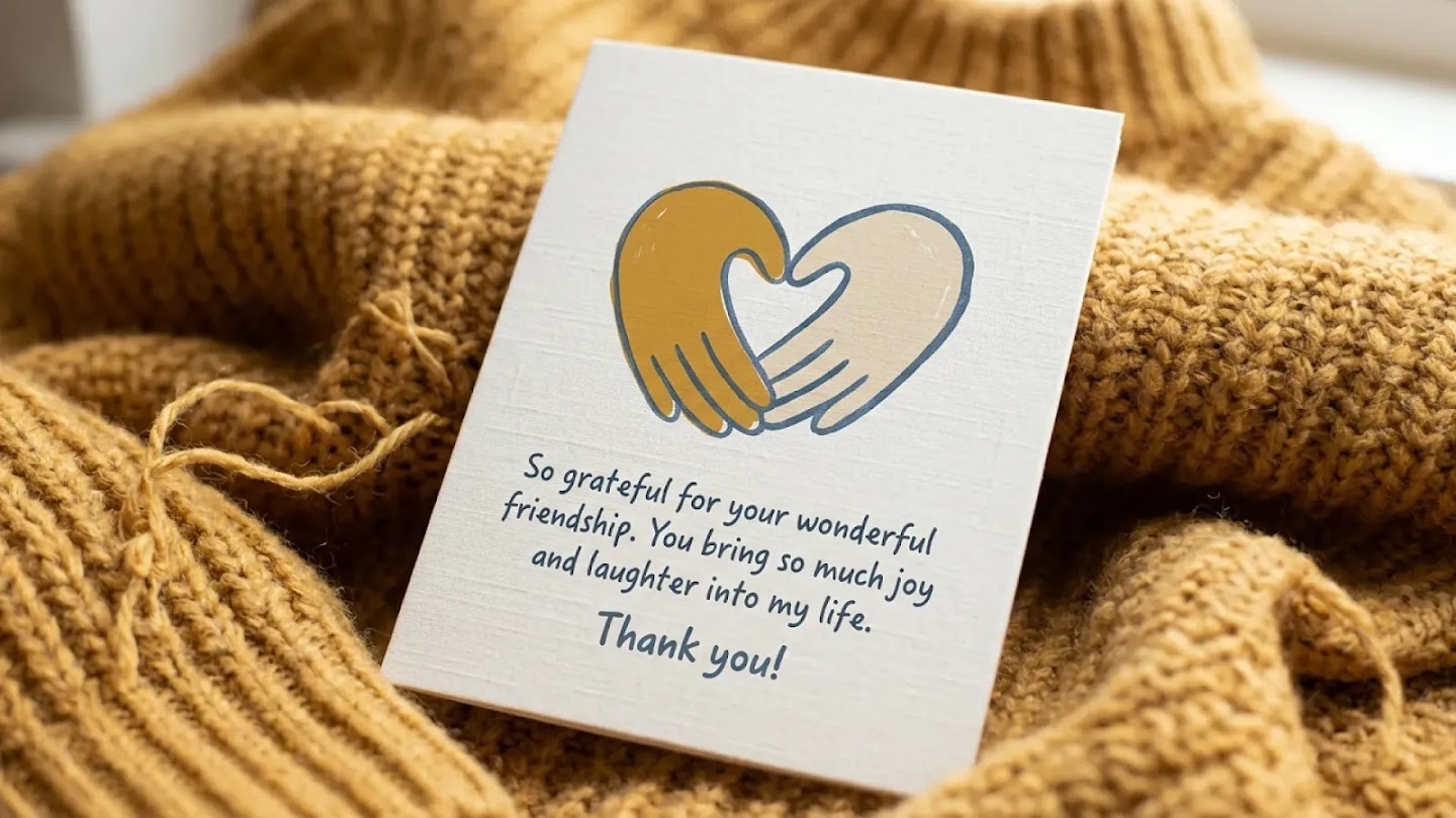 A greeting card with two hands forming a heart shape, resting on a brown knit sweater.