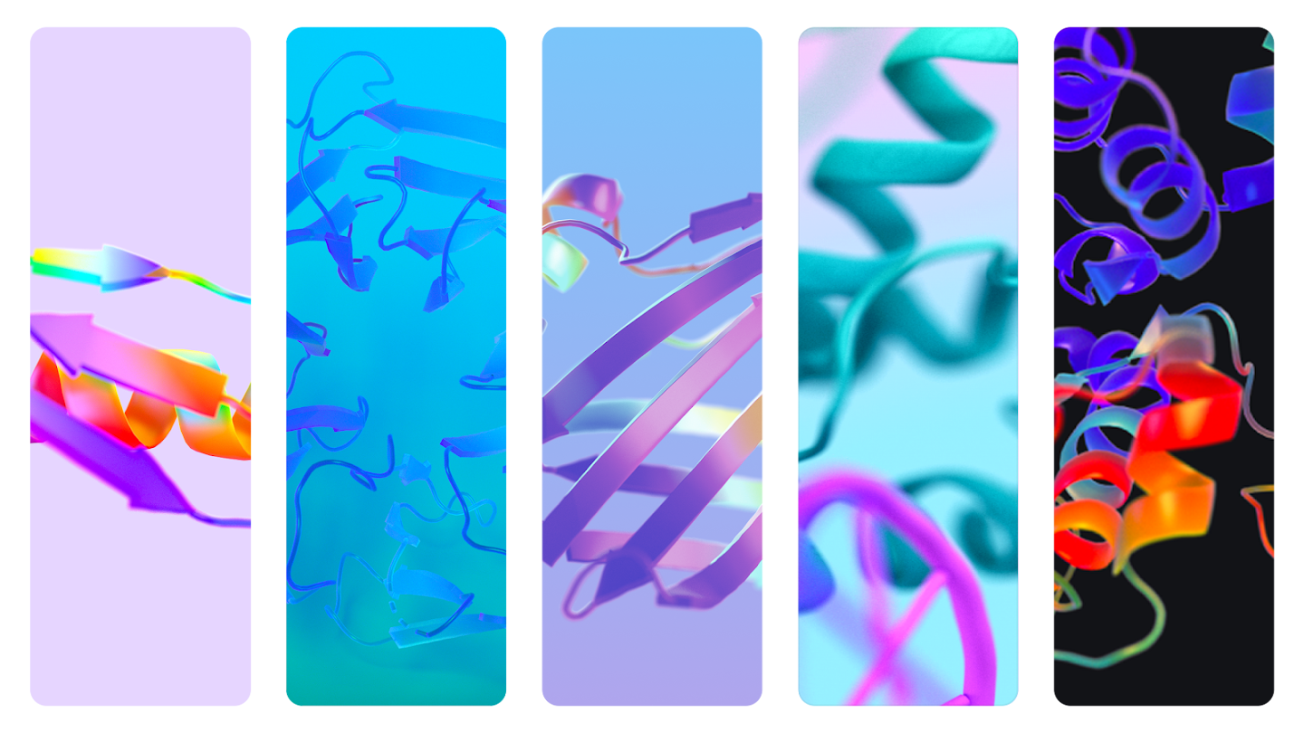 A set of five vertical, stylized graphic panels, each showing abstract, colorful renderings of protein or molecular structures with helical and ribbon elements, representing the impact of AlphaFold.