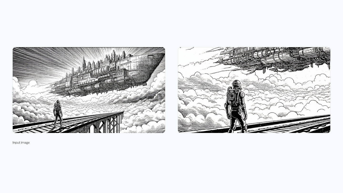 A side-by-side comparison of a black-and-white ink illustration. The left image shows a wide view of a figure standing on a railway bridge looking up at a massive steampunk airship. The right image zooms in closely on the figure and the mechanical details of the ship's underbelly.