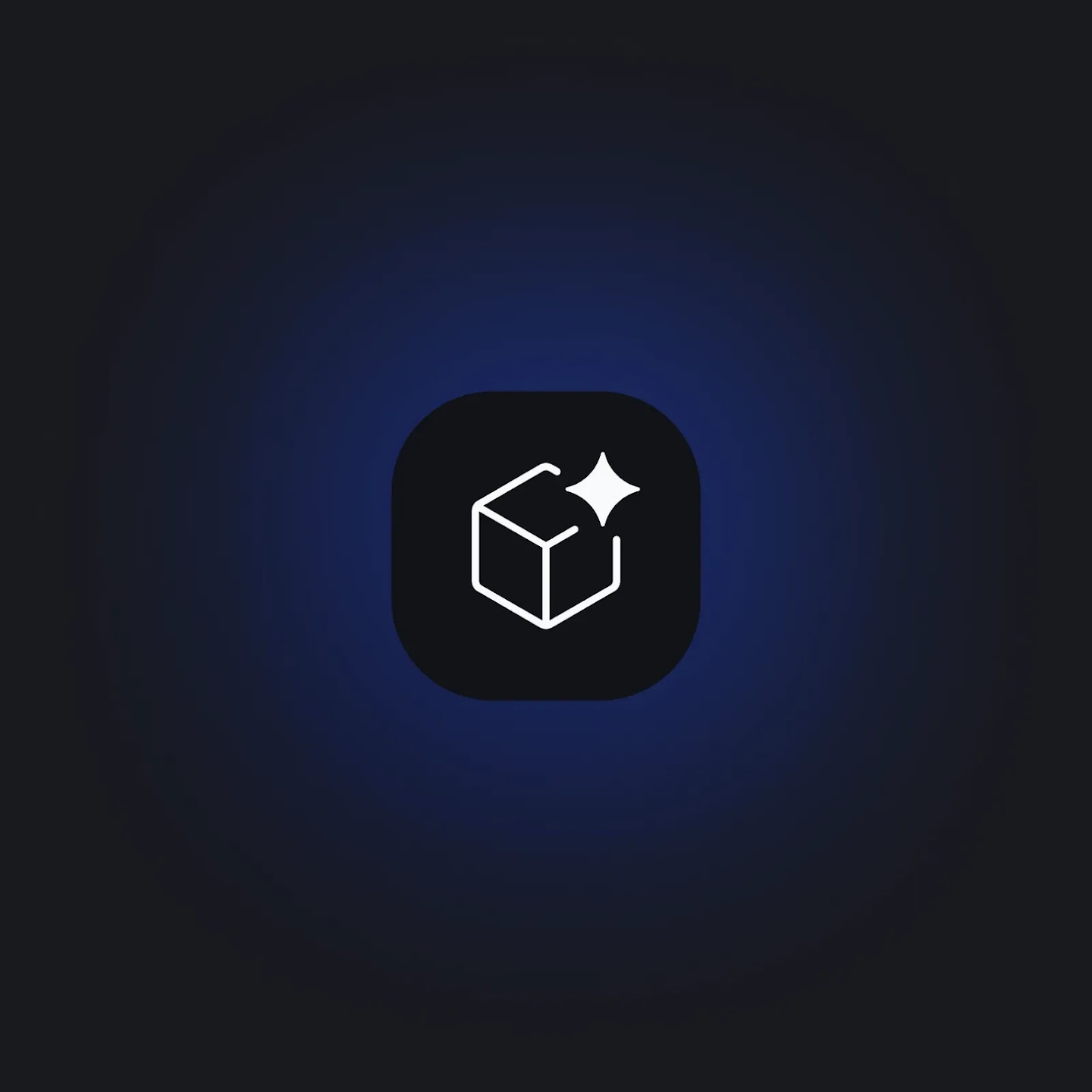 A minimalist white outline of a 3D cube and a four-pointed star inside a dark rounded square on a soft blue glowing background.