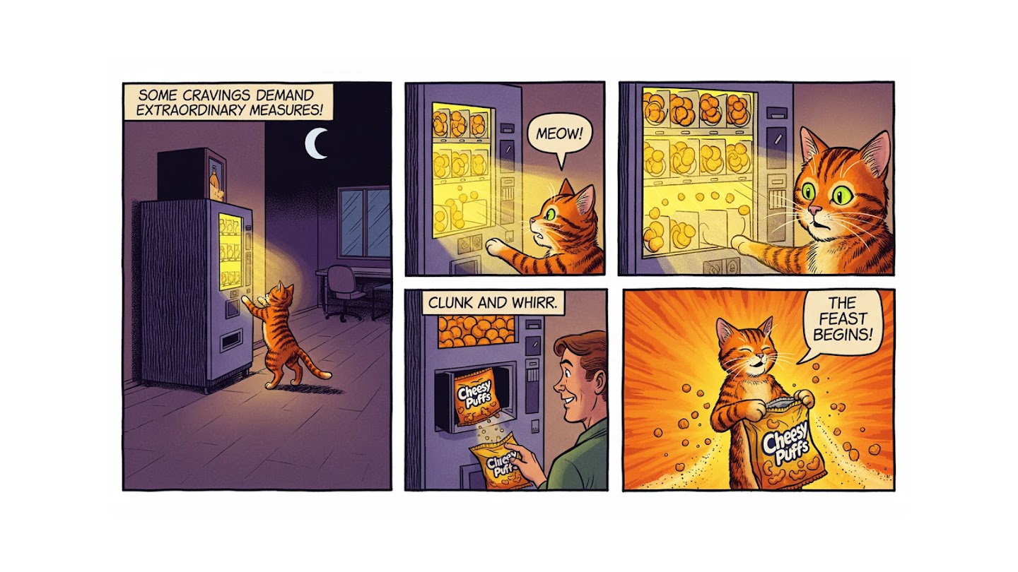 AI-generated image of: a five-panel comic strip showing a determined ginger cat at night who meows and paws at a vending machine until a human buys it a bag of 
