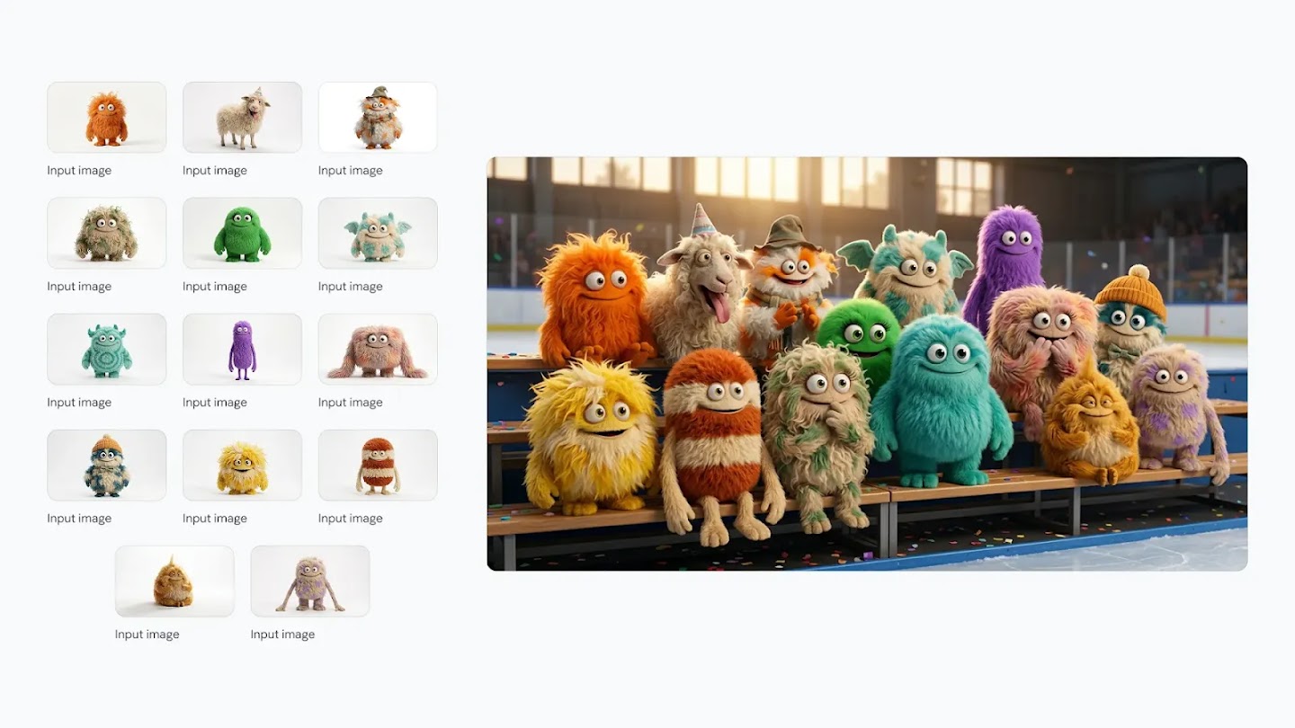 A collage showing 14 individual colorful, fuzzy monster characters on the left, with a main image on the right showing all the monsters sitting together on bleachers at an ice rink.