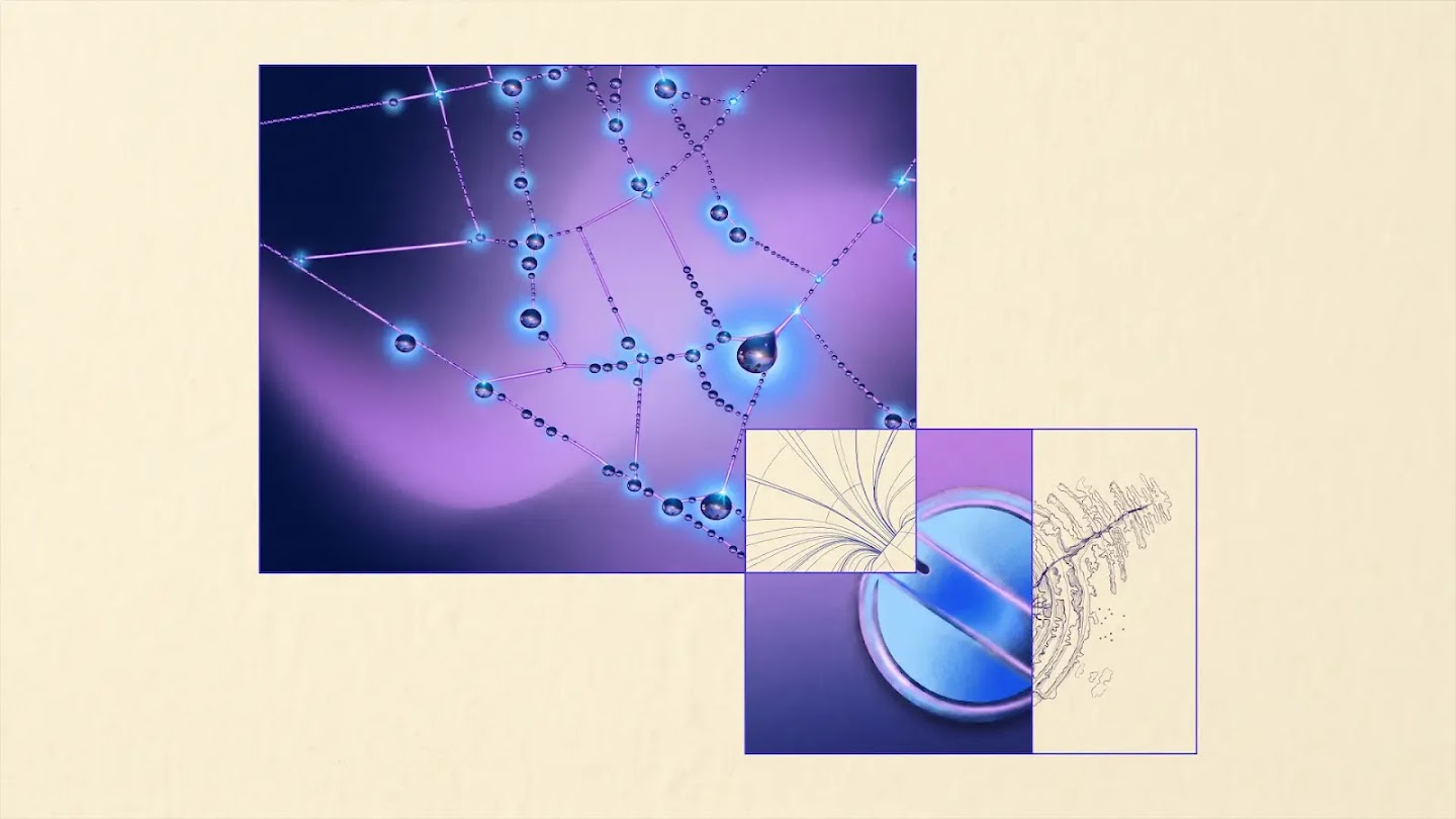 An abstract digital collage on a textured, off-white background. The main image shows a spiderweb covered in glowing, neon-blue water droplets against a dark purple backdrop. Below it, smaller overlapping panels feature minimalist line art of converging lines, a metallic circular object, and a jagged, branch-like diagram.