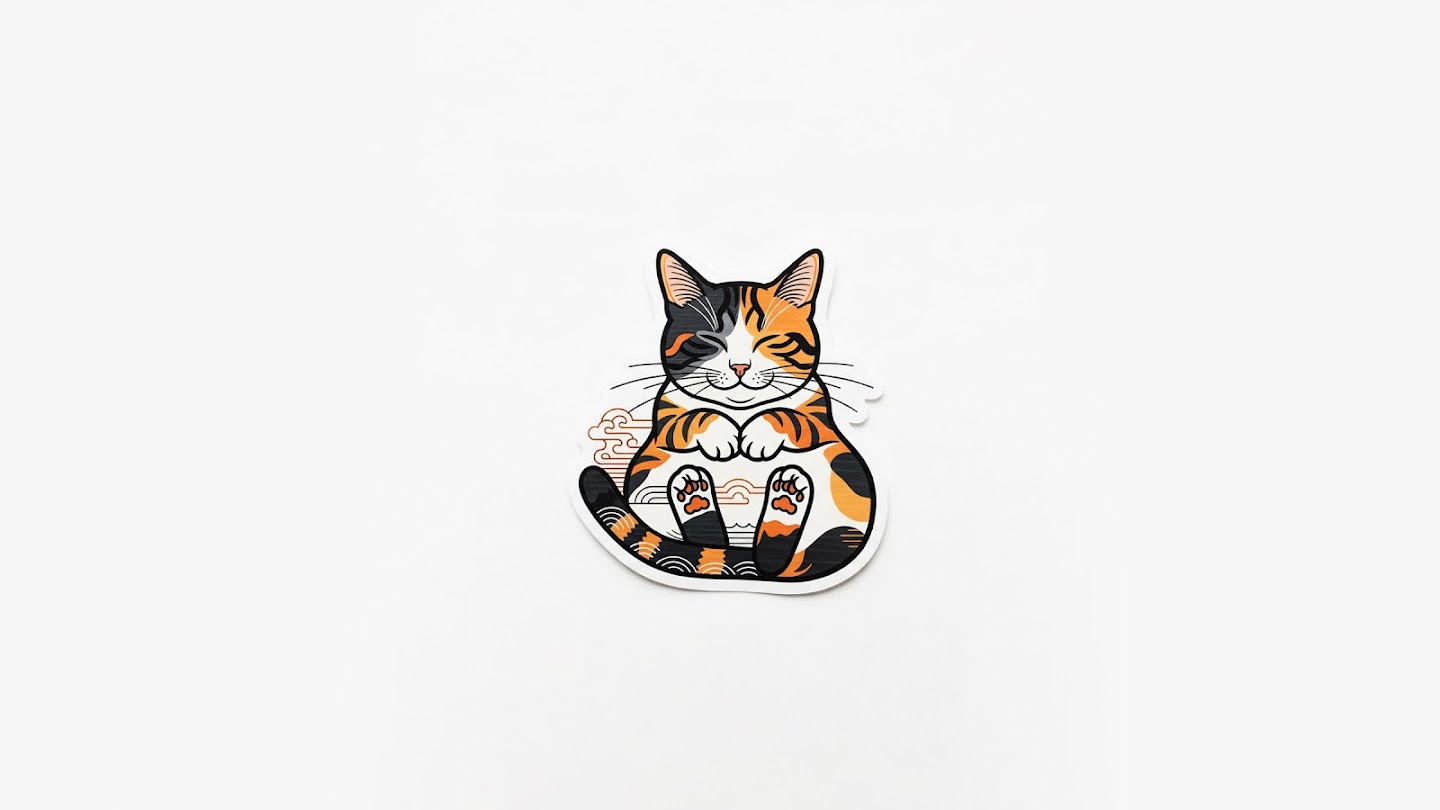 AI-generated image of: a sticker of a happy, chubby calico cat sitting with its eyes closed and paws together, with stylized clouds in the background