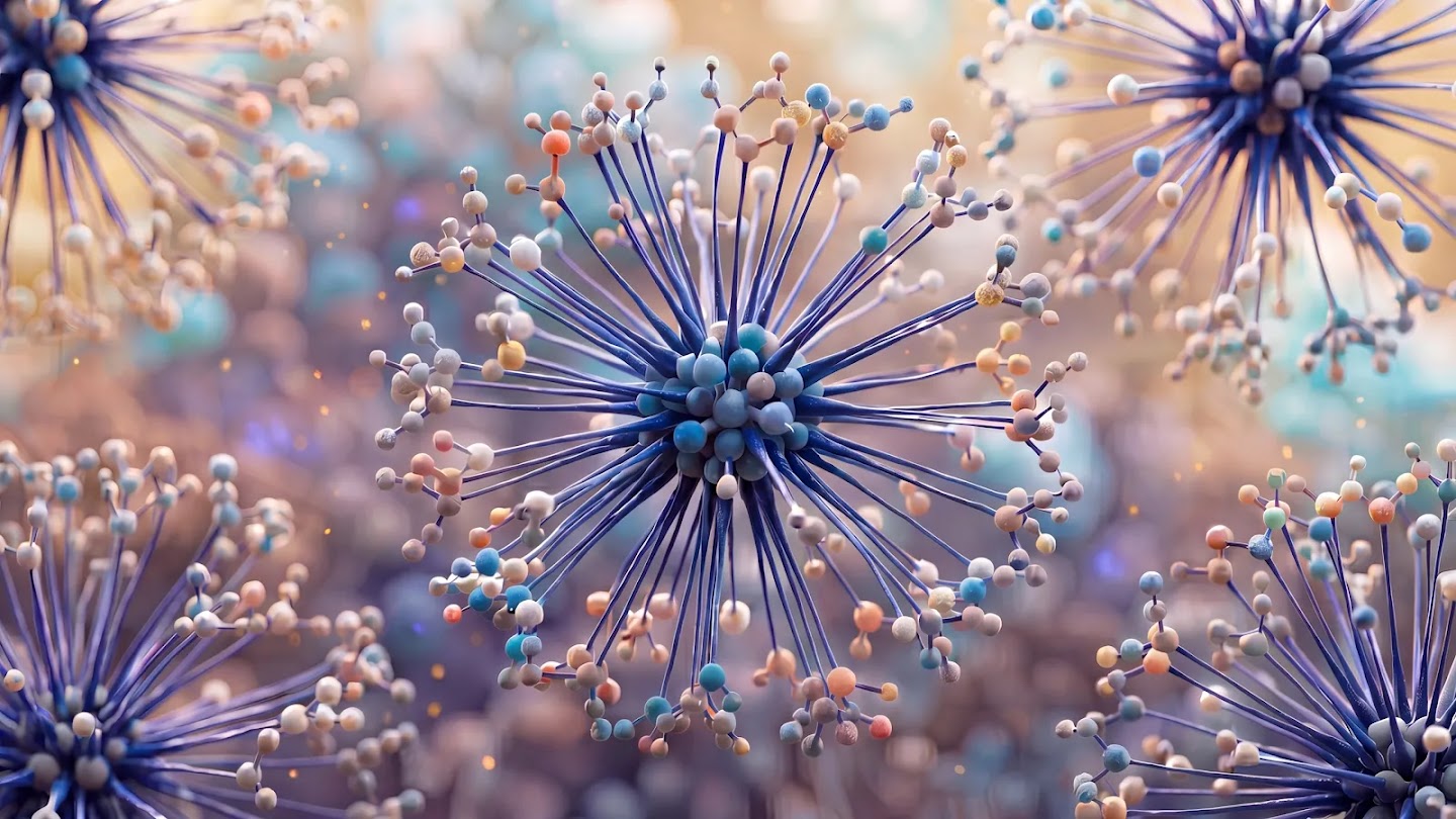 A stylized 3D digital illustration of microscopic, vibrant protein or cellular structures with radiating purple stems and multi-colored nodes against a soft, bokeh-effect background.