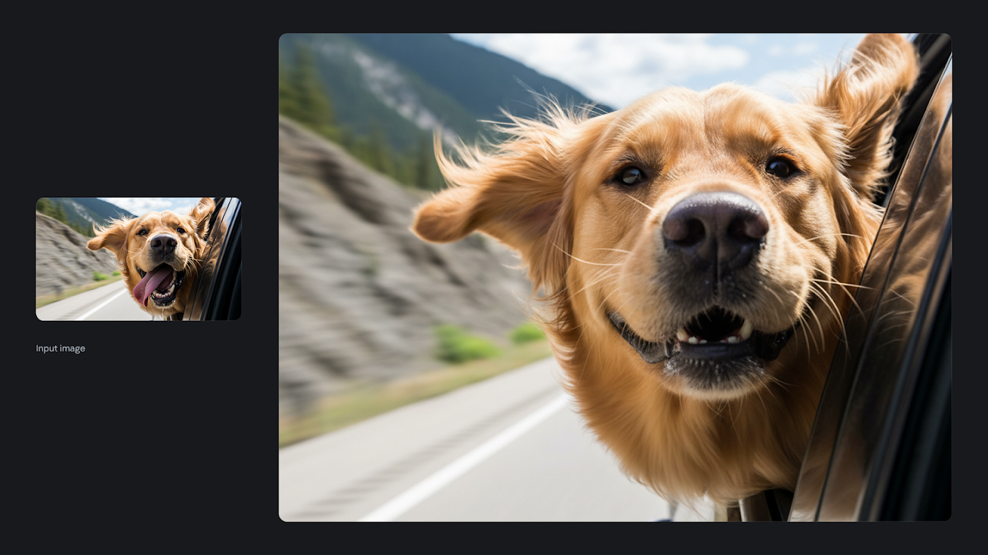 AI-generated image of: a side-by-side comparison showing image editing. On the left is a small input image of a golden retriever with its tongue out and head out of a moving car window. On the right, the edited, full-size image shows the dog with its mouth closed and a happy, open-mouthed smile, with its fur and ears blowing in the wind as it rides in the car.