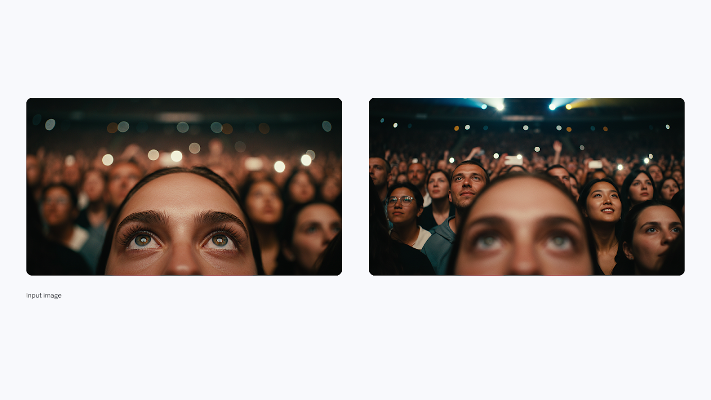 A side-by-side comparison where a close-up portrait of a woman looking upward is expanded into a wide shot, revealing she is standing in the middle of a large crowd at a concert venue with stage lights in the background.