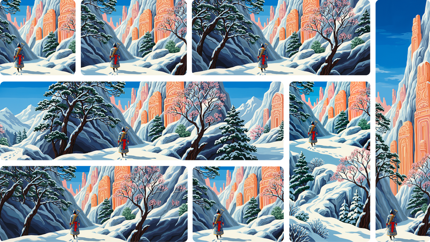 Collage of stylized illustrations depicting a snowy mountain landscape. A lone figure in a blue and red traditional outfit walks away from the viewer along a snowy path. The scene features snow-covered pine trees, bare trees, and towering orange rock formations or ancient ruins carved into the cliffs, all set against a bright blue sky.