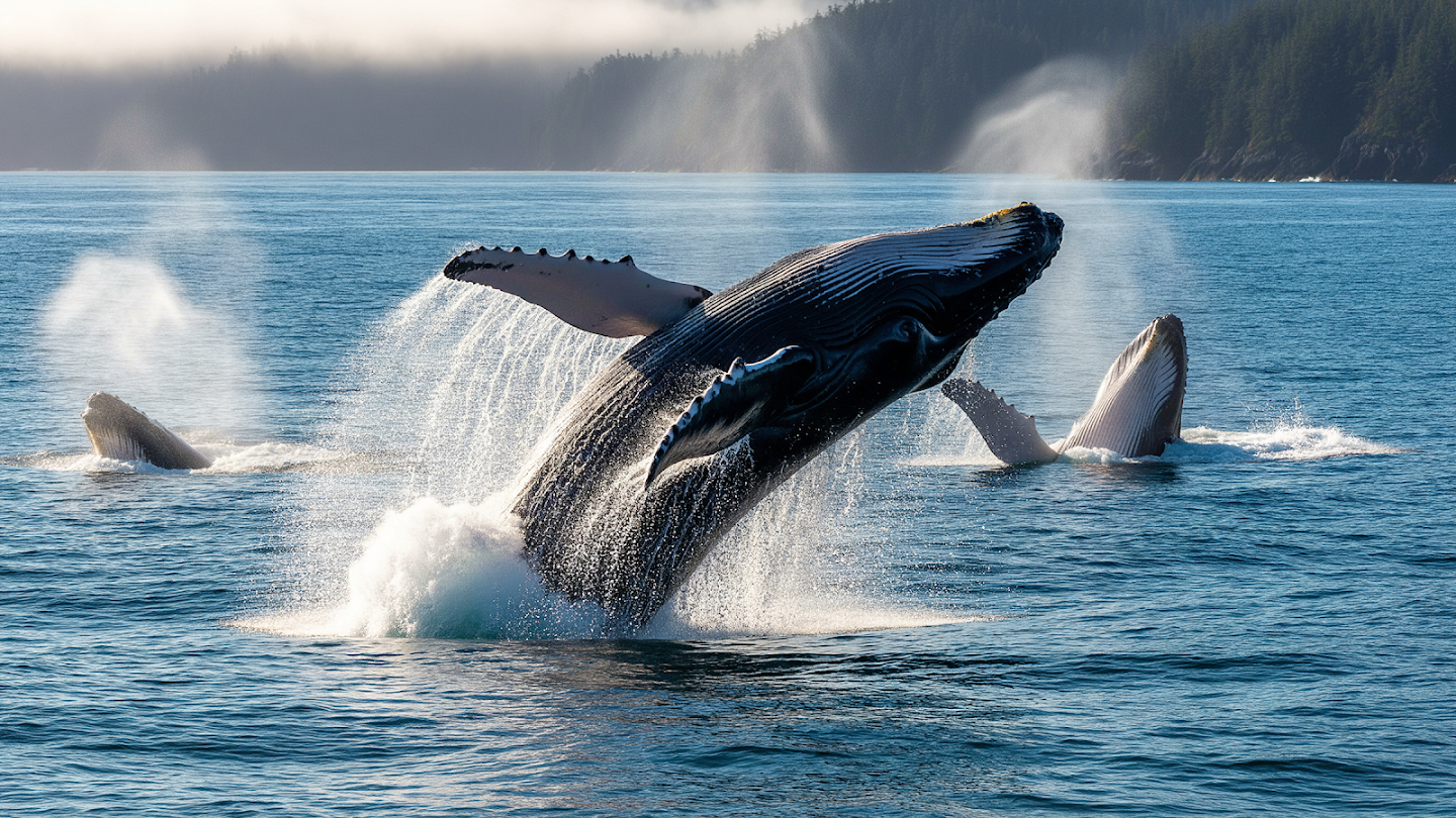 AI-generated image of: a massive humpback whale breaching, showcasing the wet, leathery texture of its skin covered in rough barnacles, surrounded by a fine mist of detailed water spray