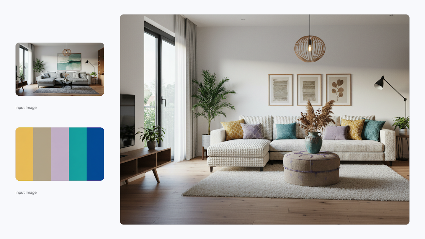 AI-generated image of: a side-by-side comparison showing a room restyling. On the left are an input image of a modern living room and a color palette swatch of gold, gray, purple, teal, and blue. On the right, the generated output shows the living room restyled in a fresh, dreamy style with light colors and textures, incorporating elements like a textured white sofa, woven pillows, and a rattan light fixture.