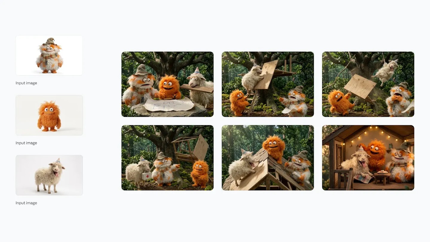 This image demonstrates the character consistency capabilities of an image generation model. On the left, there are three input images featuring distinct characters: a fluffy bipedal creature in a hat, a small orange monster, and a smiling sheep in a party hat. To the right, a grid of six generated images shows these same characters interacting in a forest setting, depicting a narrative sequence where they work together to build and eventually enjoy a small wooden cabin.