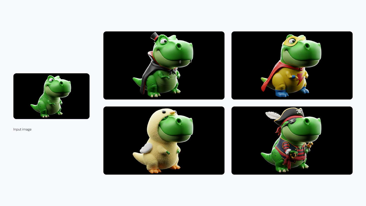 AI-generated image of: a grid demonstrating variations of a cartoon T-rex. On the left is the input image of a smiling, stylized green T-rex toy on a black background. On the right, a 2x2 grid shows four variations of the T-rex wearing different costumes: a vampire with a cape and top hat, a superhero with a mask and cape, a fuzzy yellow chick costume, and a pirate with a feathered hat and costume.