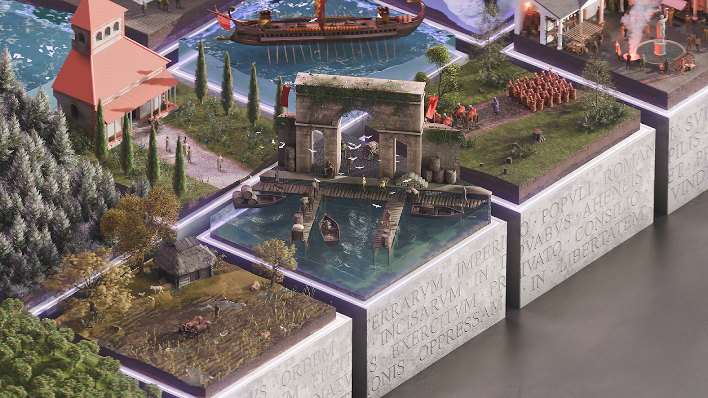 A 3D graphic of an ancient Roman harbor with a large stone arch, wooden docks, and a galley ship on blue water.