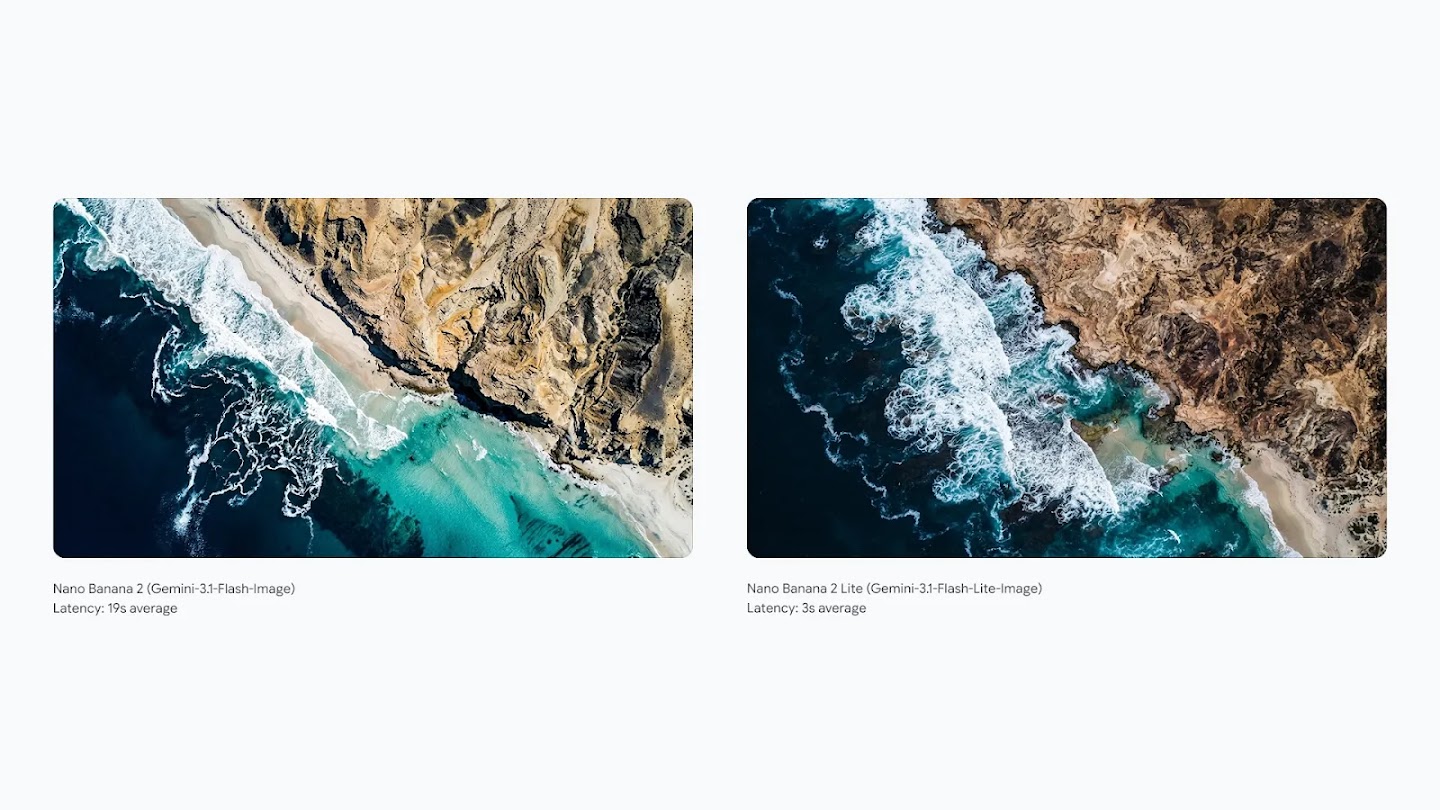 Side-by-side comparison of aerial coastline images generated by Nano Banana 2 and Nano Banana 2 Lite.