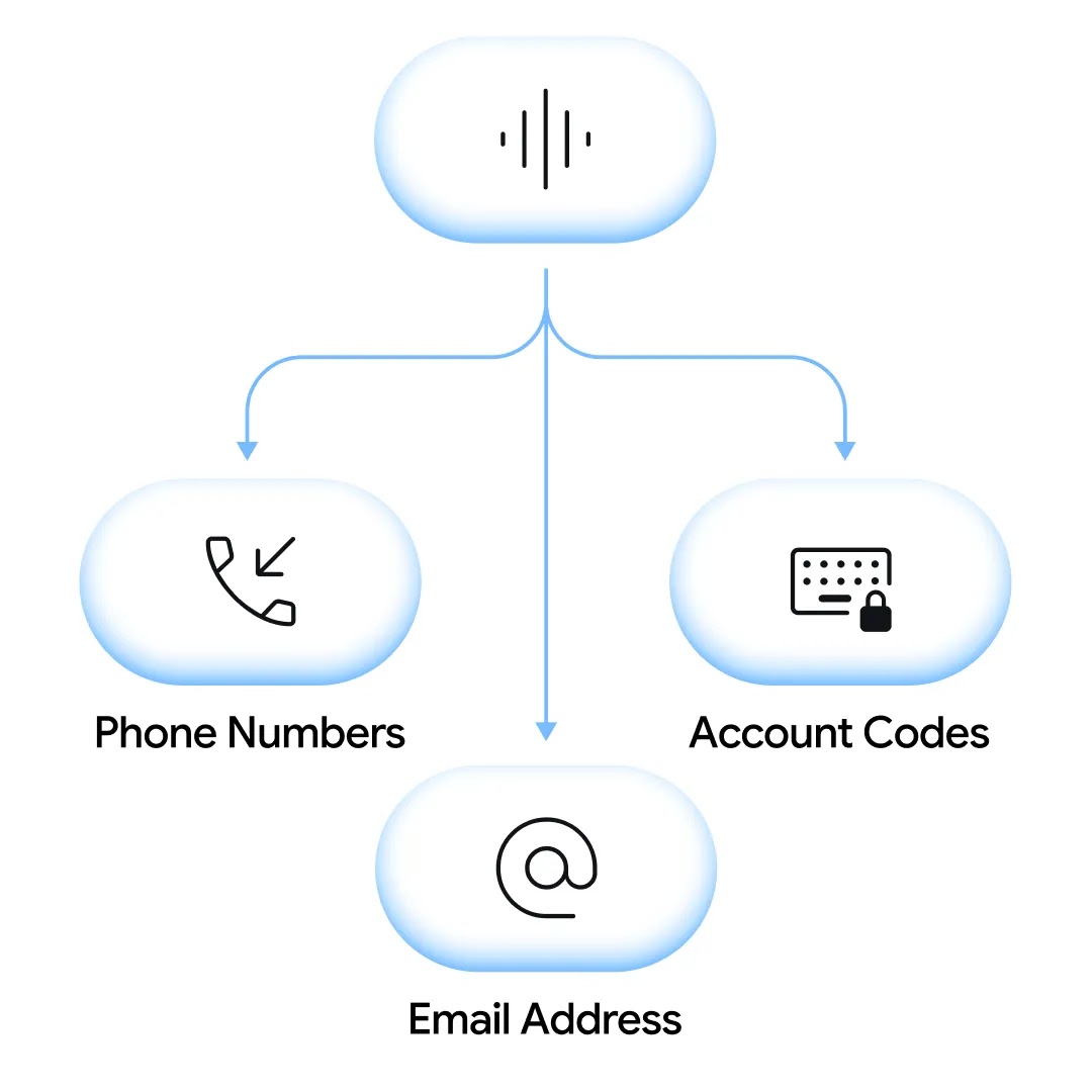 A diagram illustrating alphanumeric accuracy, with an audio waveform icon branching into three separate icons labeled "Phone Numbers," "Email Address," and "Account Codes."