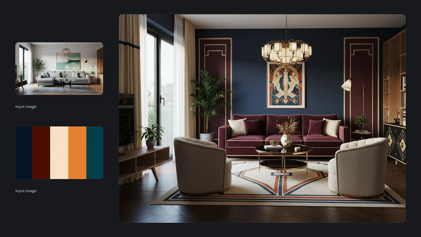 AI-generated image of: a side-by-side comparison showing a room restyling. On the left are an input image of a modern living room and a color palette swatch of dark blue, burgundy, orange, tan, and dark teal. On the right, the generated output shows the living room restyled in a nouveau antique Art Deco style, featuring rich burgundy velvet upholstery, dark blue walls with maroon trim, and patterned rug, all following the provided color palette.