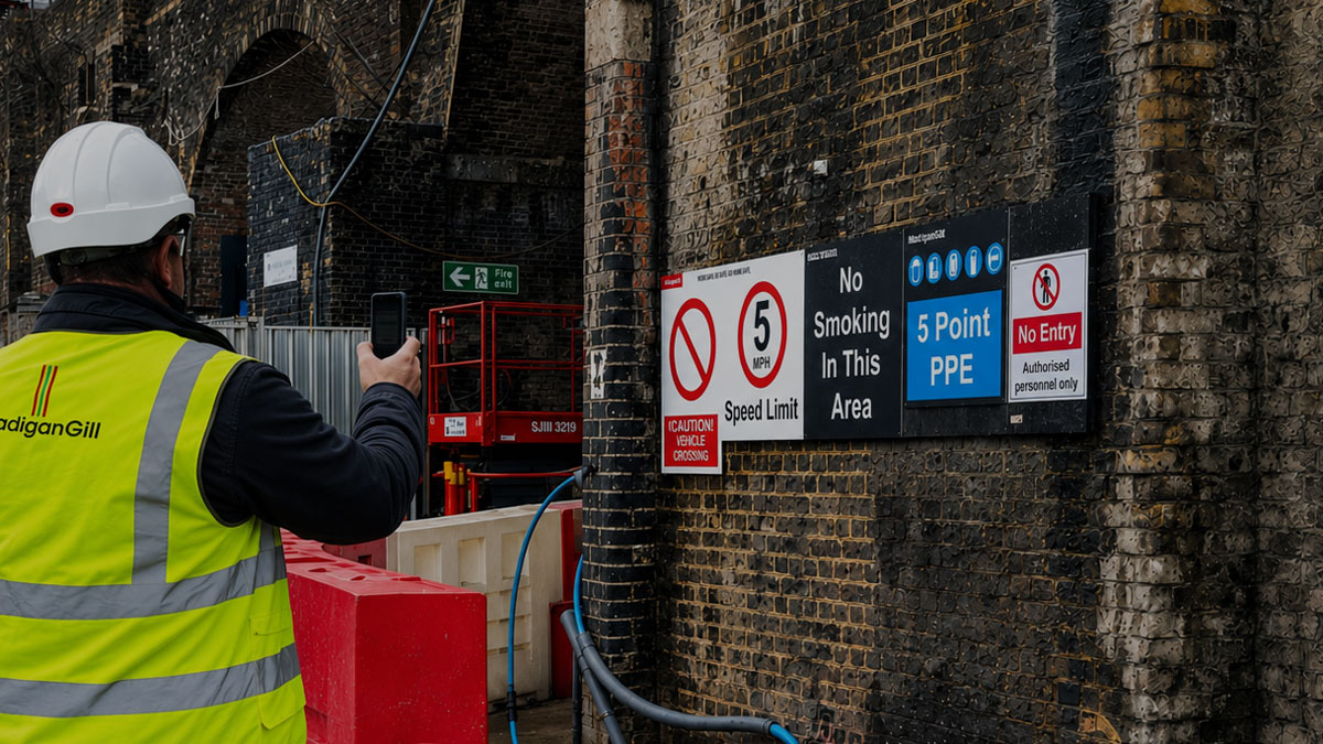 A construction worker in a high-vis vest and hard hat uses a smartphone to scan safety and compliance signs on a brick wall at a work site.