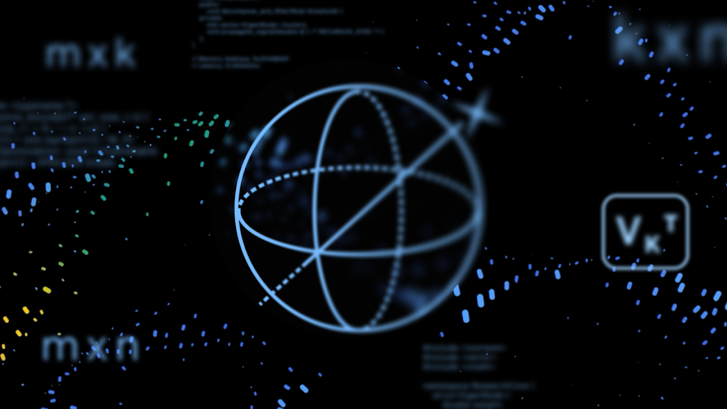 A futuristic digital graphic on a black background featuring a glowing blue wireframe sphere at the center. The sphere is surrounded by mathematical and physics symbols, floating variables, and snippets of programming code. Dotted wave patterns in blue, green, and yellow drift across the composition, creating a sense of data visualization and advanced computing.