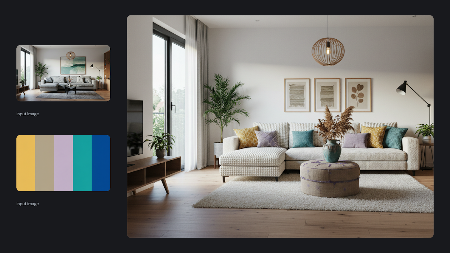 AI-generated image of: a side-by-side comparison showing a room restyling. On the left are an input image of a modern living room and a color palette swatch of gold, gray, purple, teal, and blue. On the right, the generated output shows the living room restyled in a fresh, dreamy style with light colors and textures, incorporating elements like a textured white sofa, woven pillows, and a rattan light fixture.