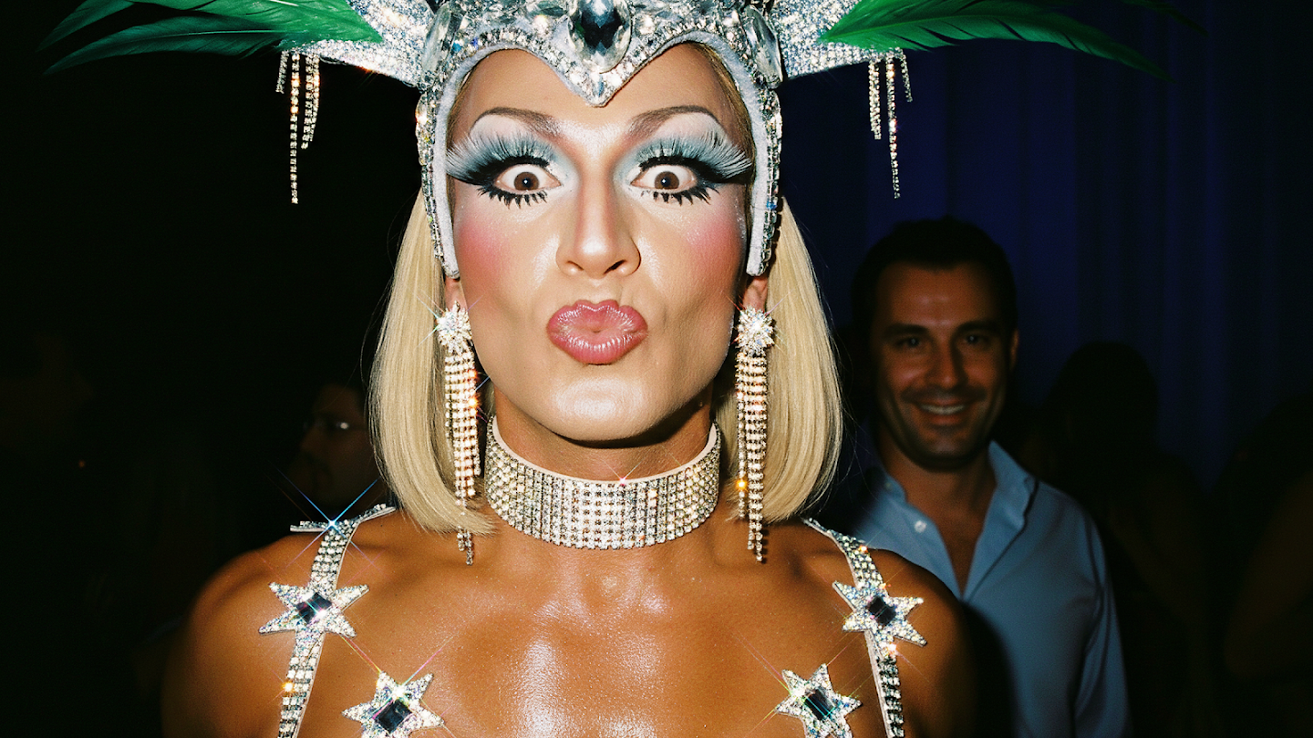 AI-generated image of: a drag performer in extreme detail, showing the texture of heavy stage makeup, dense false eyelashes, and a costume encrusted with highly reflective rhinestones and beads