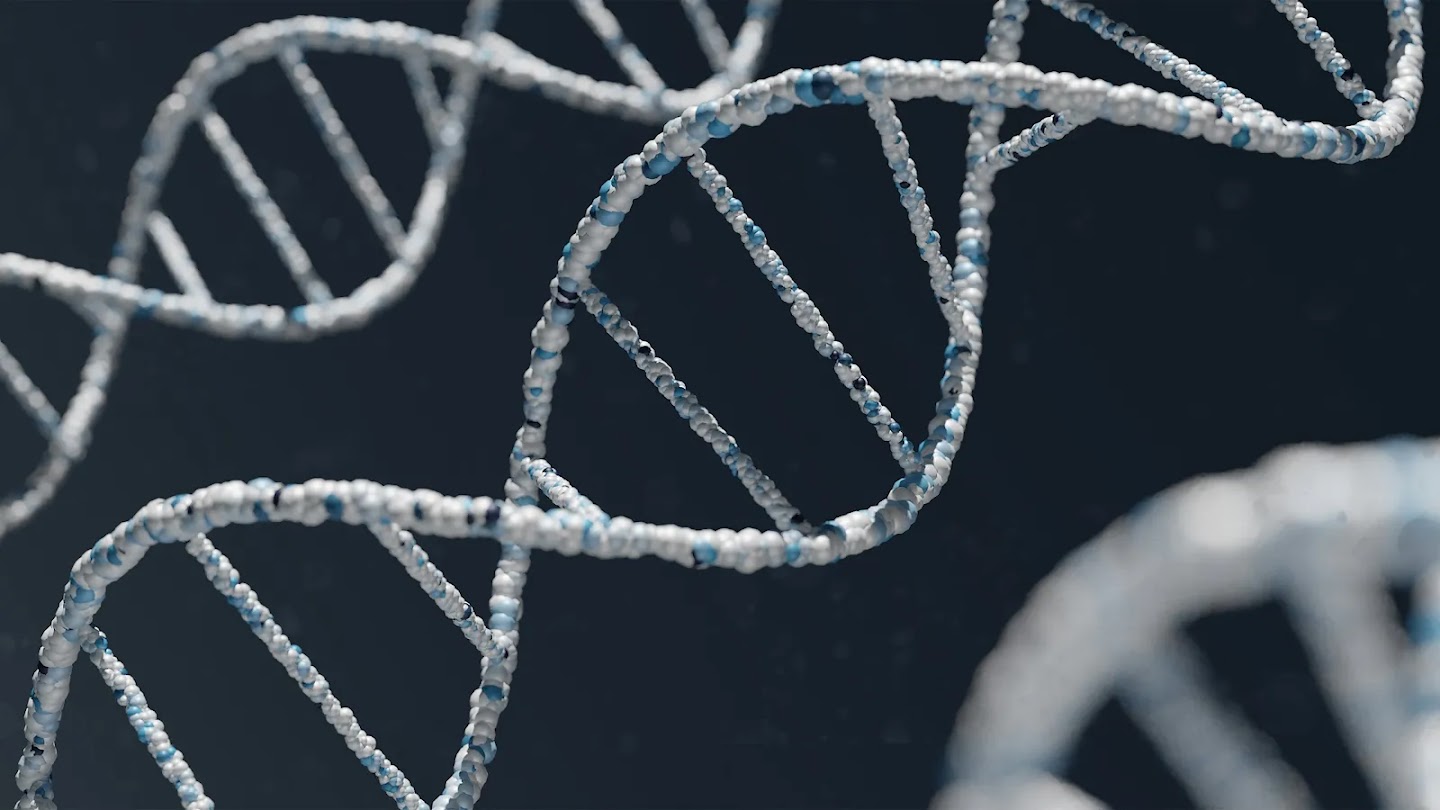 A 3D rendering of multiple DNA double helix structures made of small white and blue spheres, floating against a dark, textured background with a shallow depth of field.
