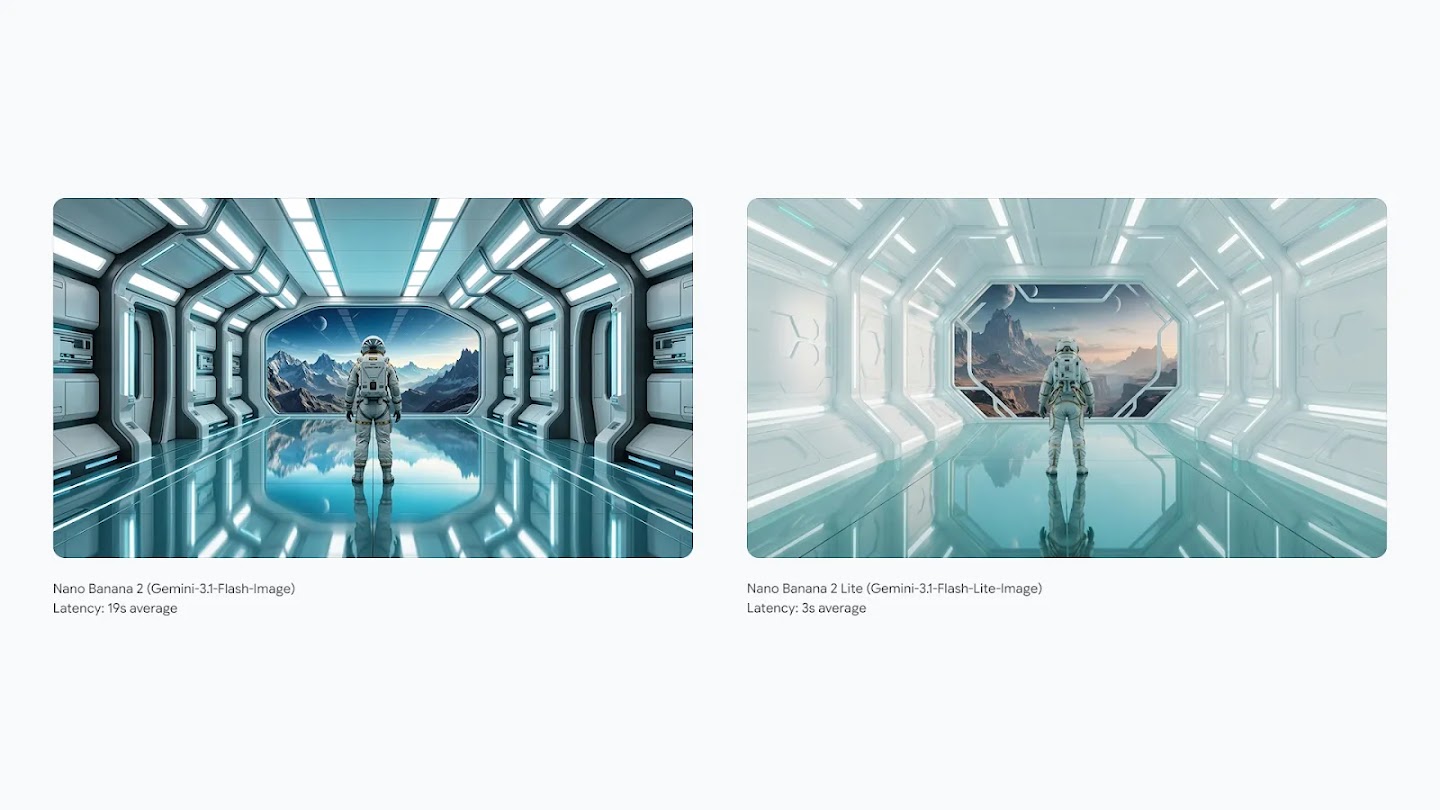 Side-by-side comparison of images generated by Nano Banana 2 and Nano Banana 2 Lite, both showing an astronaut standing in a futuristic white corridor looking out at a mountainous alien landscape.