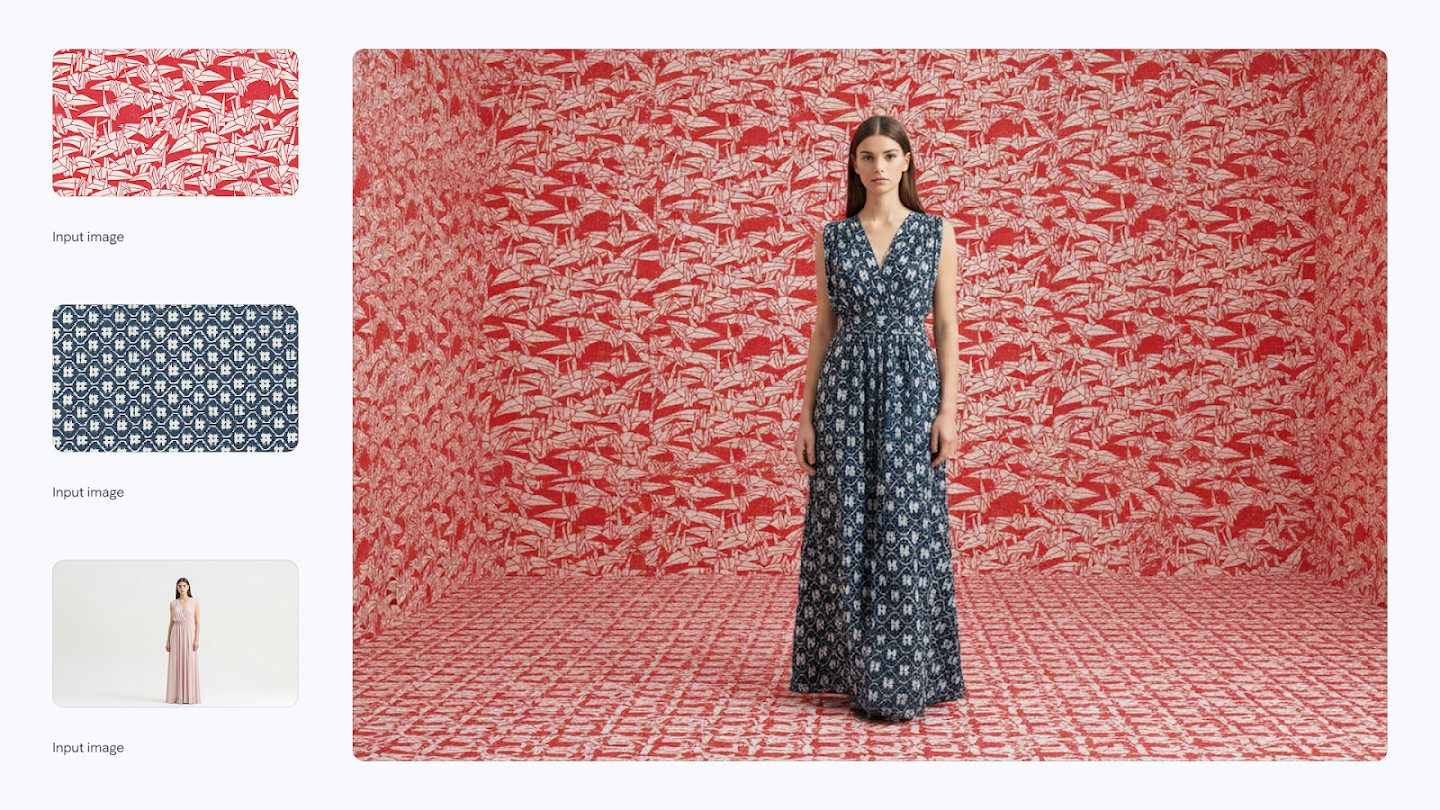 AI-generated image of: a side-by-side comparison showing image merging. On the left are three input images: a red and white leaf pattern, a blue and white geometric pattern, and a woman in a plain pink dress. On the right, the generated output shows the woman standing in a room with the red and white leaf pattern covering the walls and floor, while she is wearing a long dress with the blue and white geometric pattern.