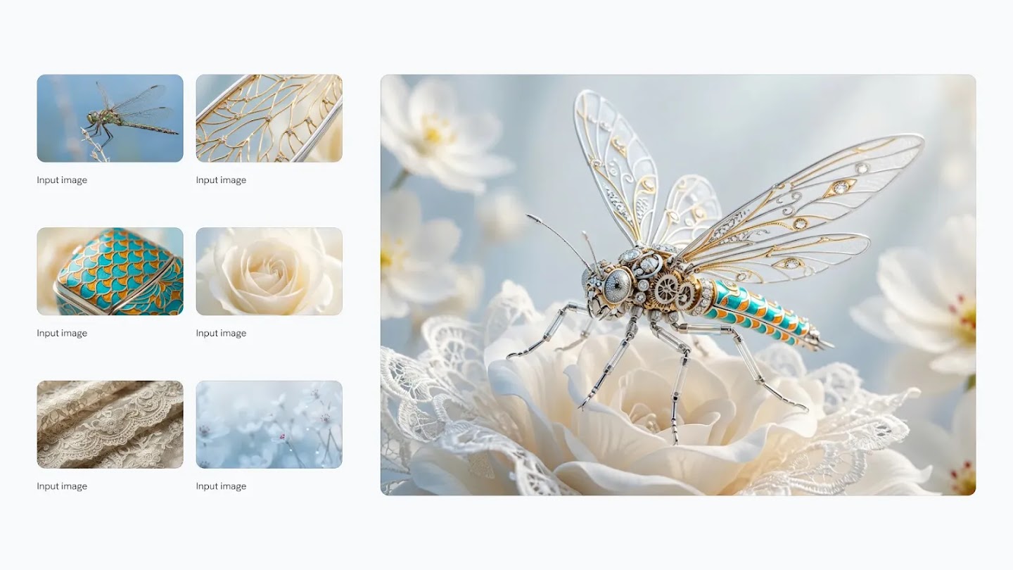 A collage showing six small "Input images" on the left and one large generated image on the right. The input images include a real dragonfly, gold filigree, teal enamel patterns, a white rose, lace fabric, and soft blue flowers. The large generated image combines these elements into a highly detailed, mechanical dragonfly made of silver, gold, and teal enamel, perched on a delicate white lace-edged rose.