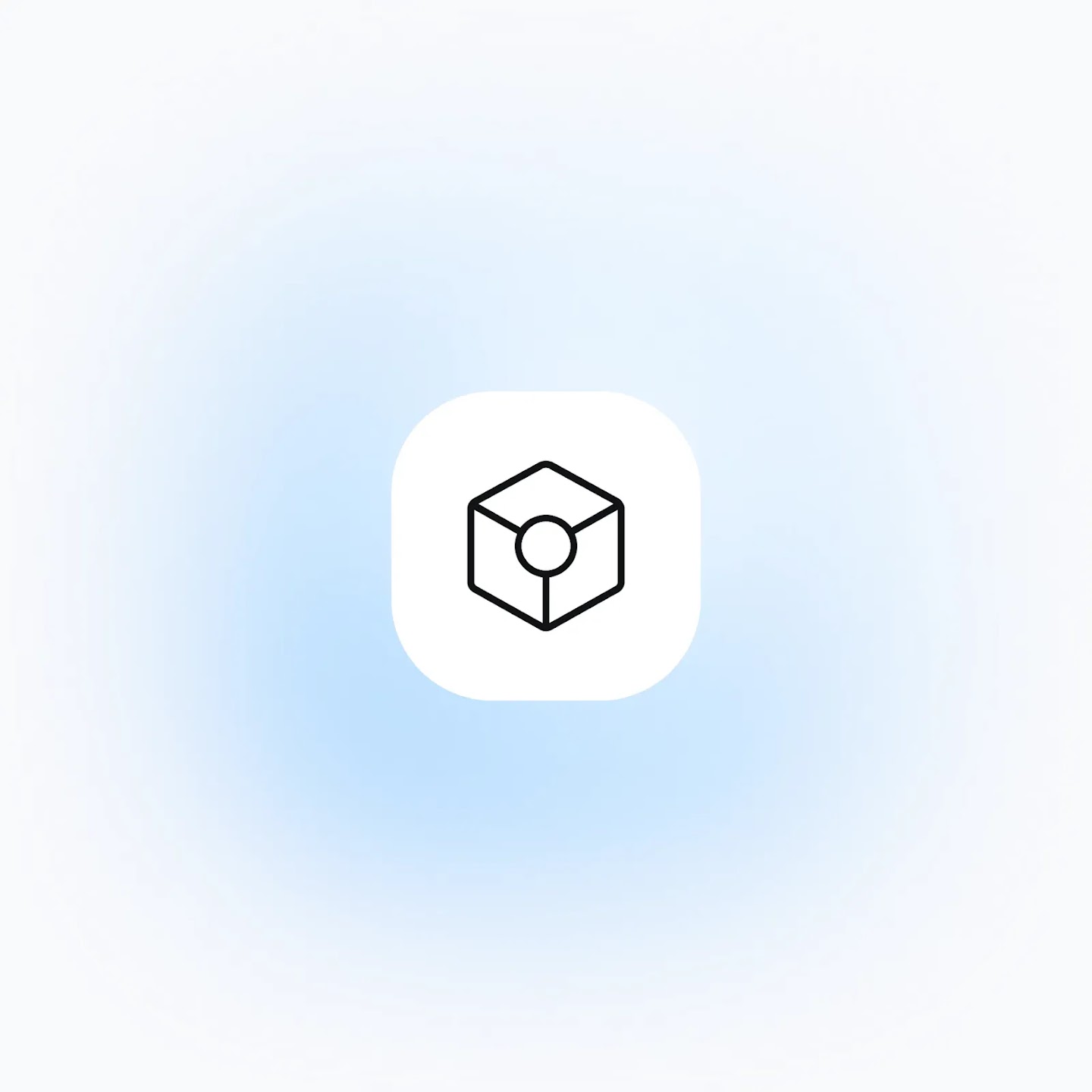 A minimalist 3D cube icon with a central circle inside a white rounded square on a soft blue glowing background, representing token efficiency.