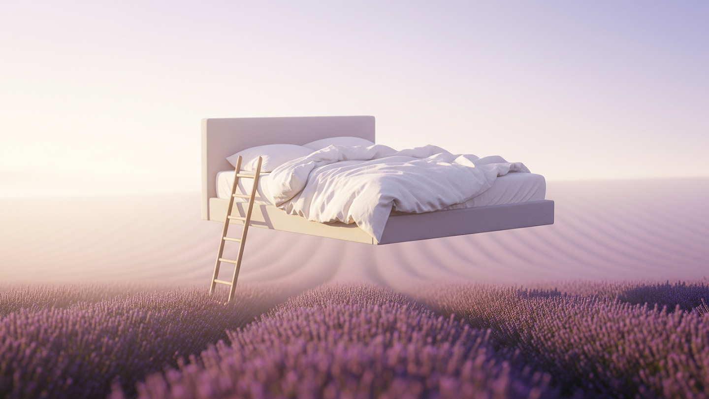 AI-generated image of: a surreal scene featuring a white bed with rumpled, textured white linens floating mid-air above an endless field of purple lavender, with a wooden ladder dangling beneath it, all bathed in soft, hazy dawn light