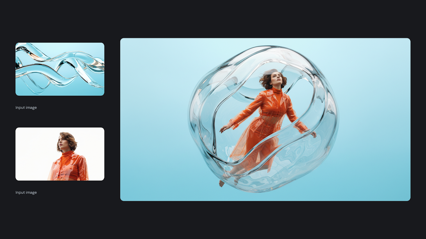 AI-generated image of: a side-by-side comparison showing image merging. On the left are two separate input images: one of a swirling clear liquid against a blue background, and the other a lower-angle portrait of a woman in an orange plastic raincoat. On the right, the generated output shows a woman floating inside a massive, amorphous, translucent liquid-like bubble against a light blue background.