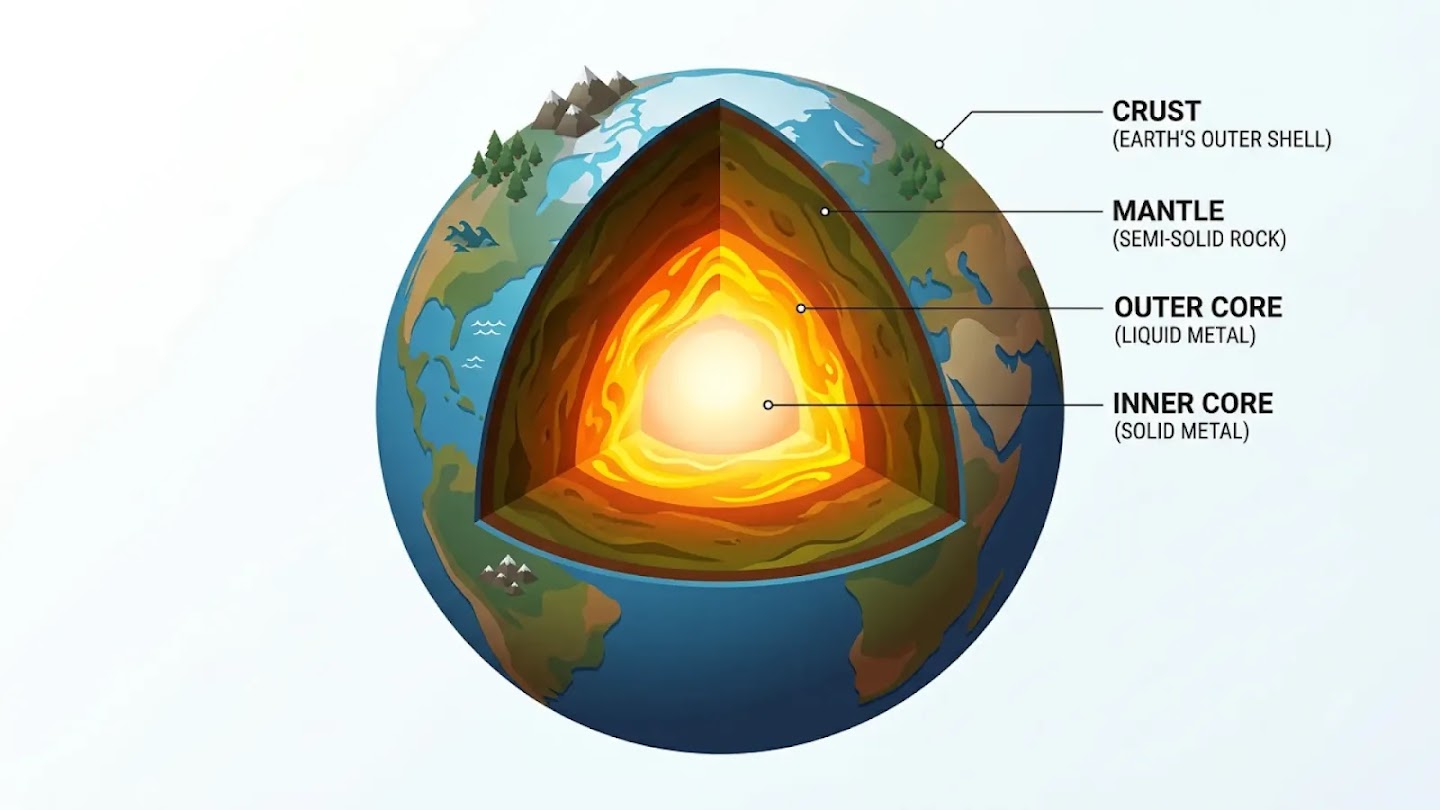 A cross-sectional infographic of the Earth showing its internal layers: the outermost thin Crust (Earth's outer shell), the thick Mantle (semi-solid rock), the glowing Outer Core (liquid metal), and the bright, white-hot Inner Core (solid metal) at the center, with each layer labeled accordingly against a cutaway view of the planet.