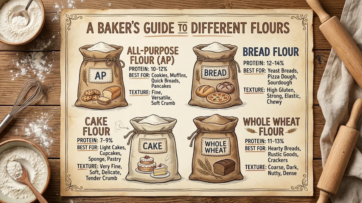 An infographic titled "A Baker's Guide to Different Flours" showing four sacks of flour: All-Purpose, Bread, Cake, and Whole Wheat, with protein percentages and recommended uses for each.