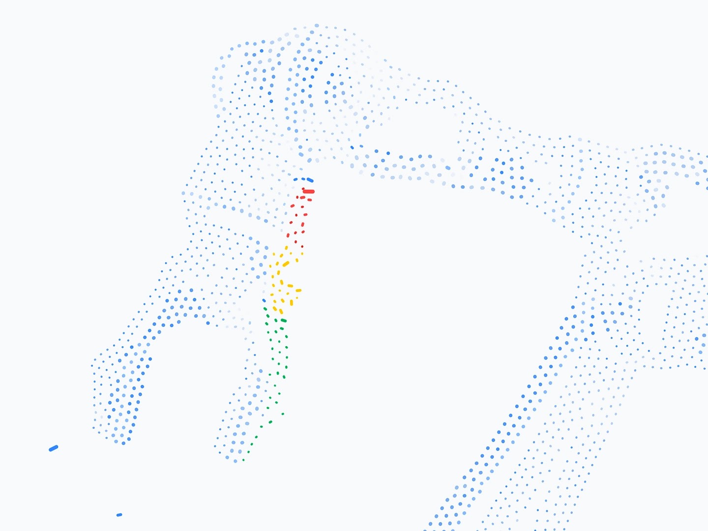 An abstract, minimalist digital illustration of a robotic arm rendered entirely in a pointillist or stippled style.