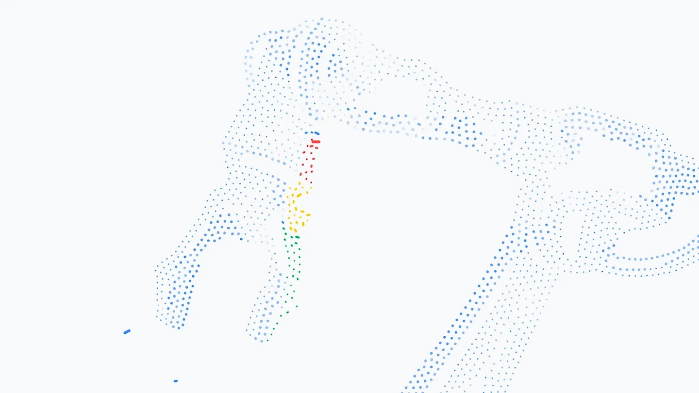 An abstract, minimalist digital illustration of a robotic arm rendered entirely in a pointillist or stippled style.