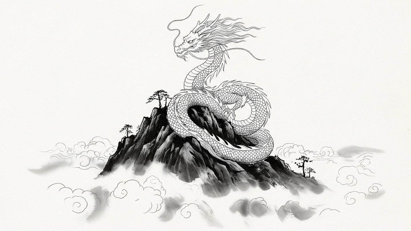 AI-generated image of: a black and white ink wash painting featuring a finely detailed, serpentine dragon with precisely drawn scales perched atop a rugged mountain peak rendered with loose, expressive, bleeding grey brushstrokes rising above swirling mist